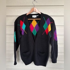SILVERCORD true vintage colorful argyle cardigan sweater lambswool & angora sz M